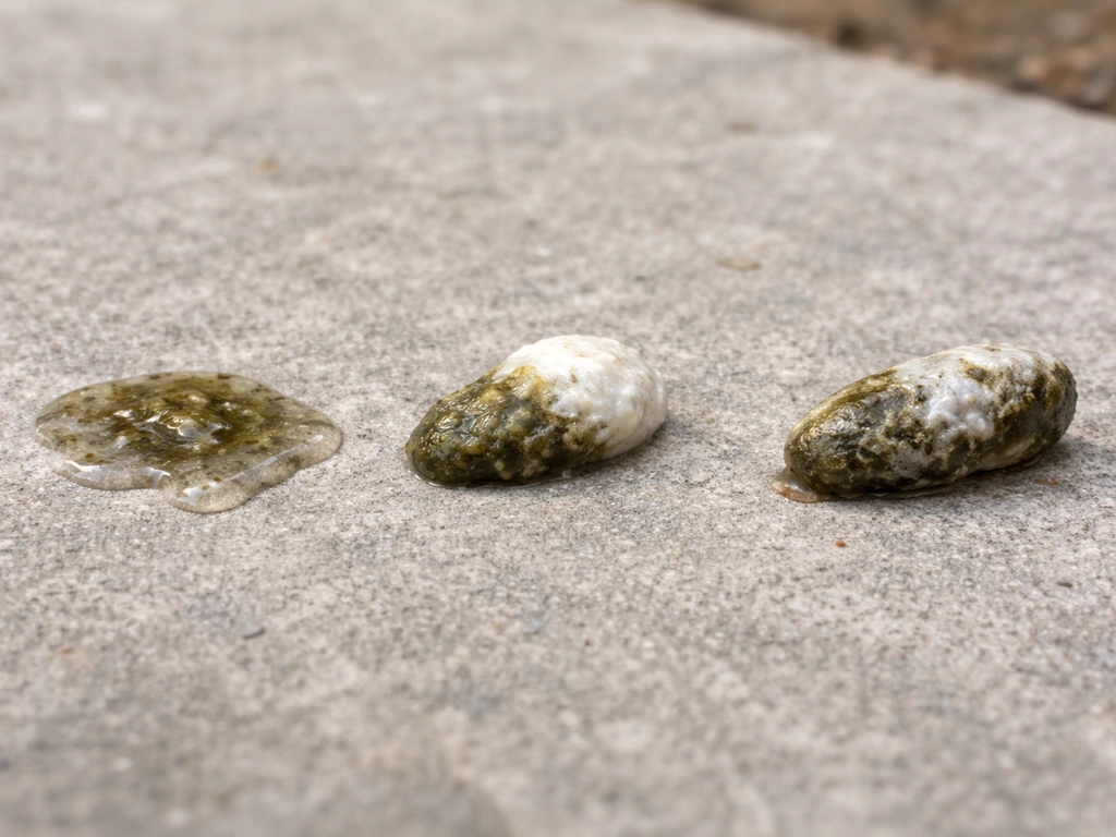 Macro close-up of bird droppings showing watery, semi-firmer, and firmer forms on concrete