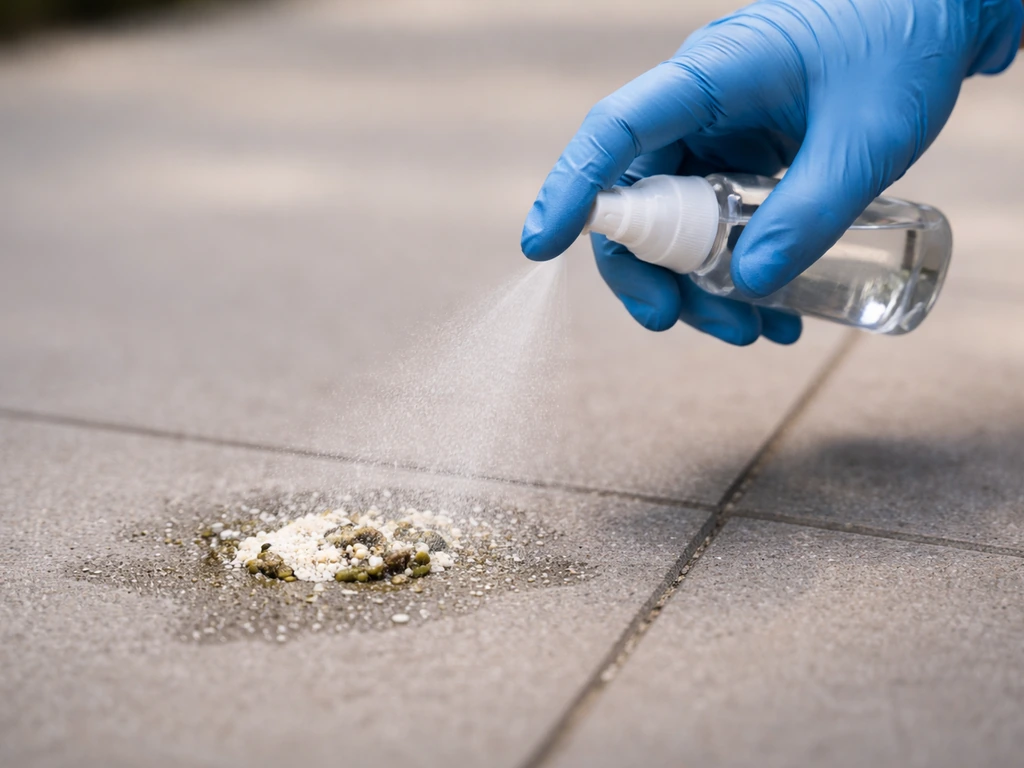 Gloved hands spraying disinfectant to wet bird droppings on a walkway for safe cleanup.