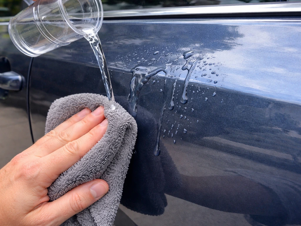 Warm water on a painted car panel with gentle blotting using a soft microfiber cloth
