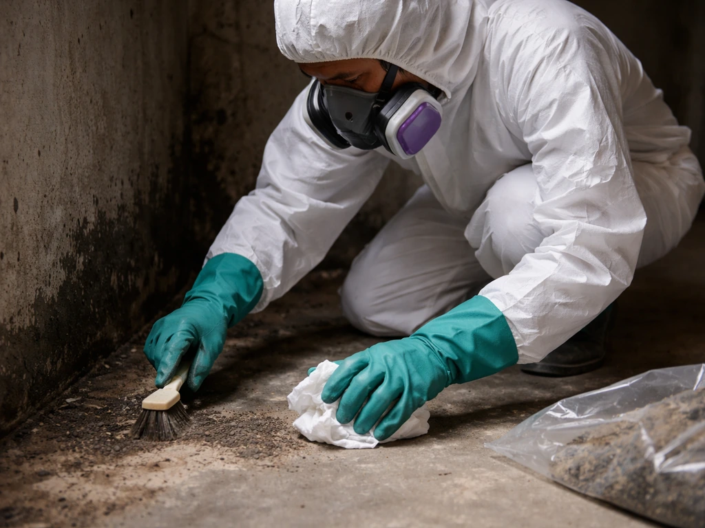 Remediation worker in respirator and gloves during indoor cleanup of heavy biohazard-like residue