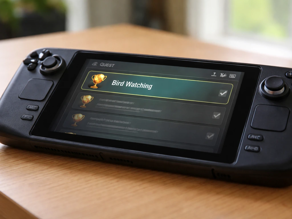 Close-up of a handheld gaming device screen showing a Life is Strange–style menu and trophy icon
