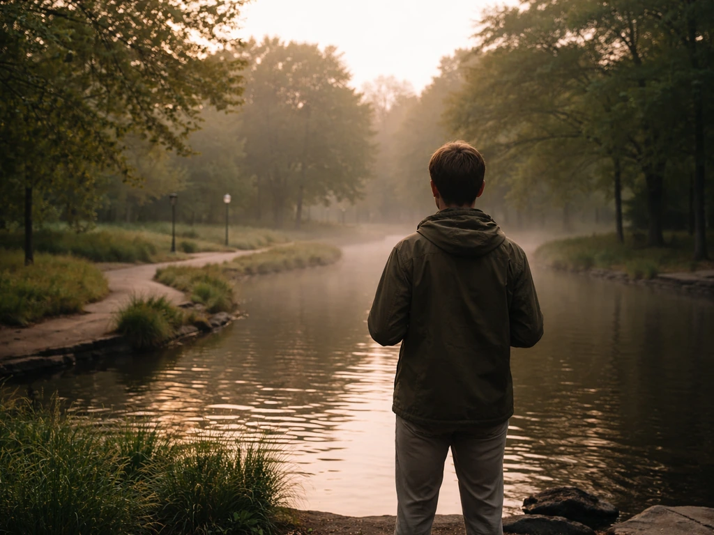 Person in casual jacket at a peaceful park pond at dawn, holding binoculars while looking toward trees