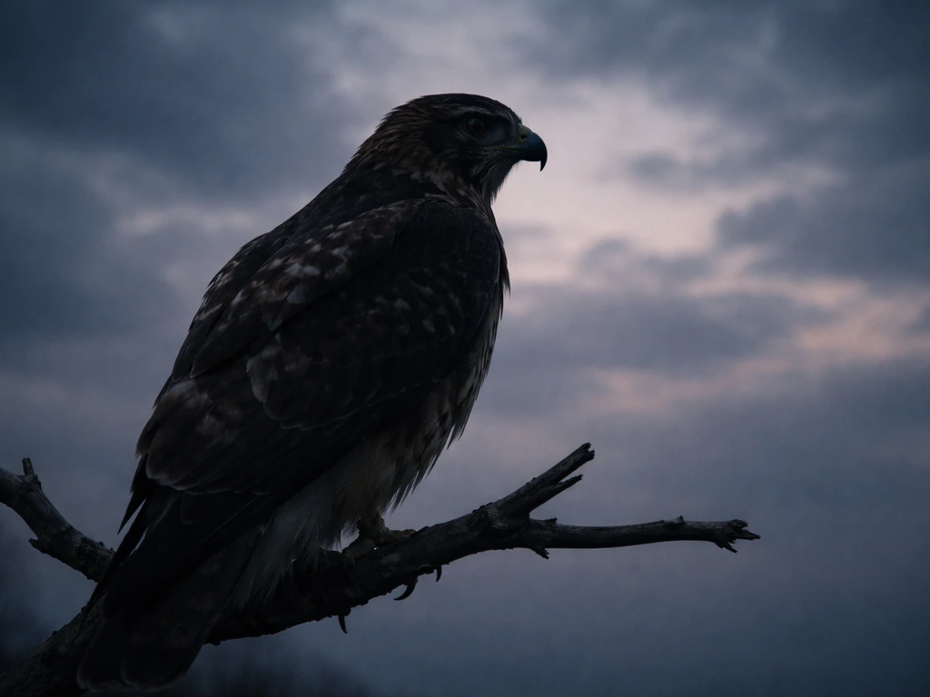 Close-up silhouette of a hawk against a moody sky, symbolizing sharp vision and alertness.