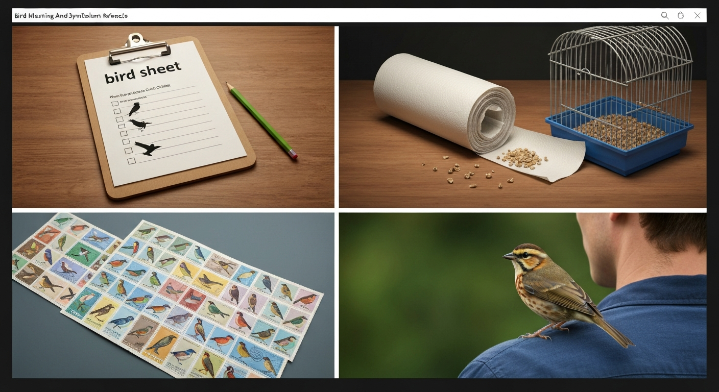 Collage showing multiple meanings of 'bird sheet': a species checklist on a clipboard, a disposable cage liner, a sheet of bird stamps, and a small bird perched on a person's shoulder.