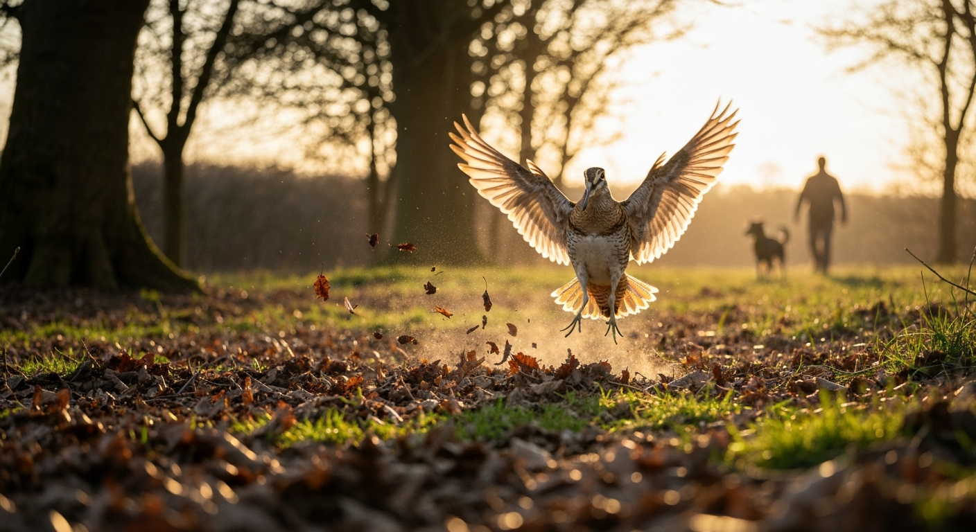 A bird erupting from dense brush into flight, leaves and dust scattering, with a human and dog silhouetted in the background.