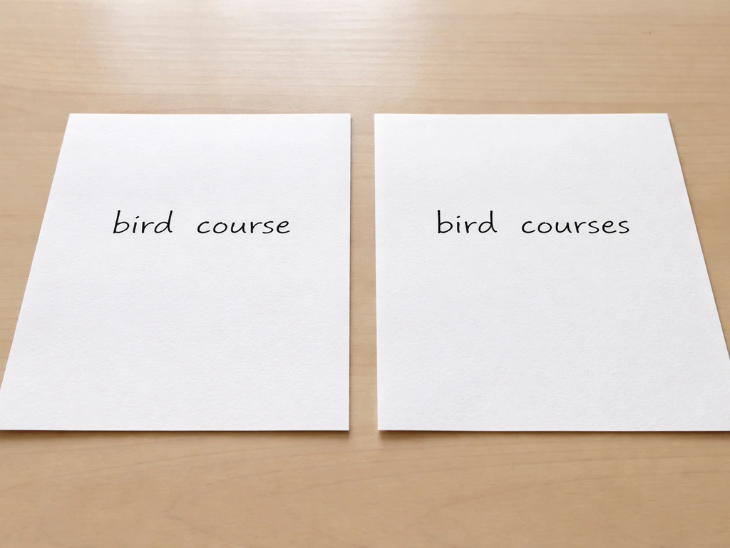 Two plain paper sheets on a desk showing “bird course” and “bird courses” side by side.