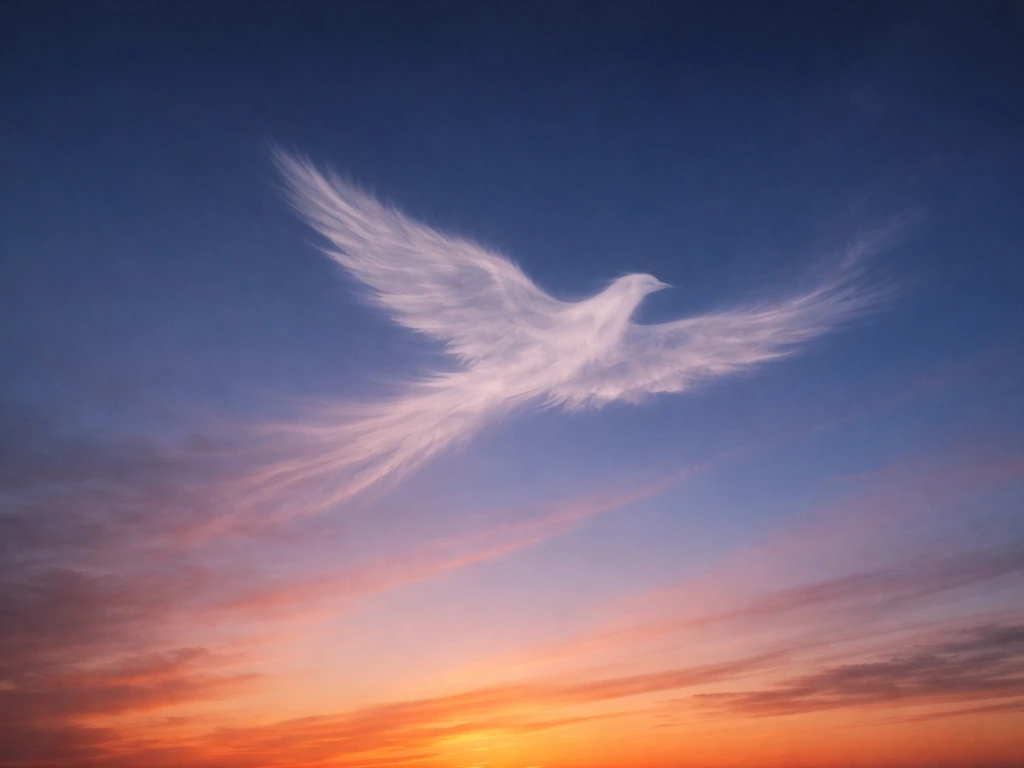 Dramatic sunset sky with a clear bird-shaped cloud silhouette flying across softly glowing clouds.