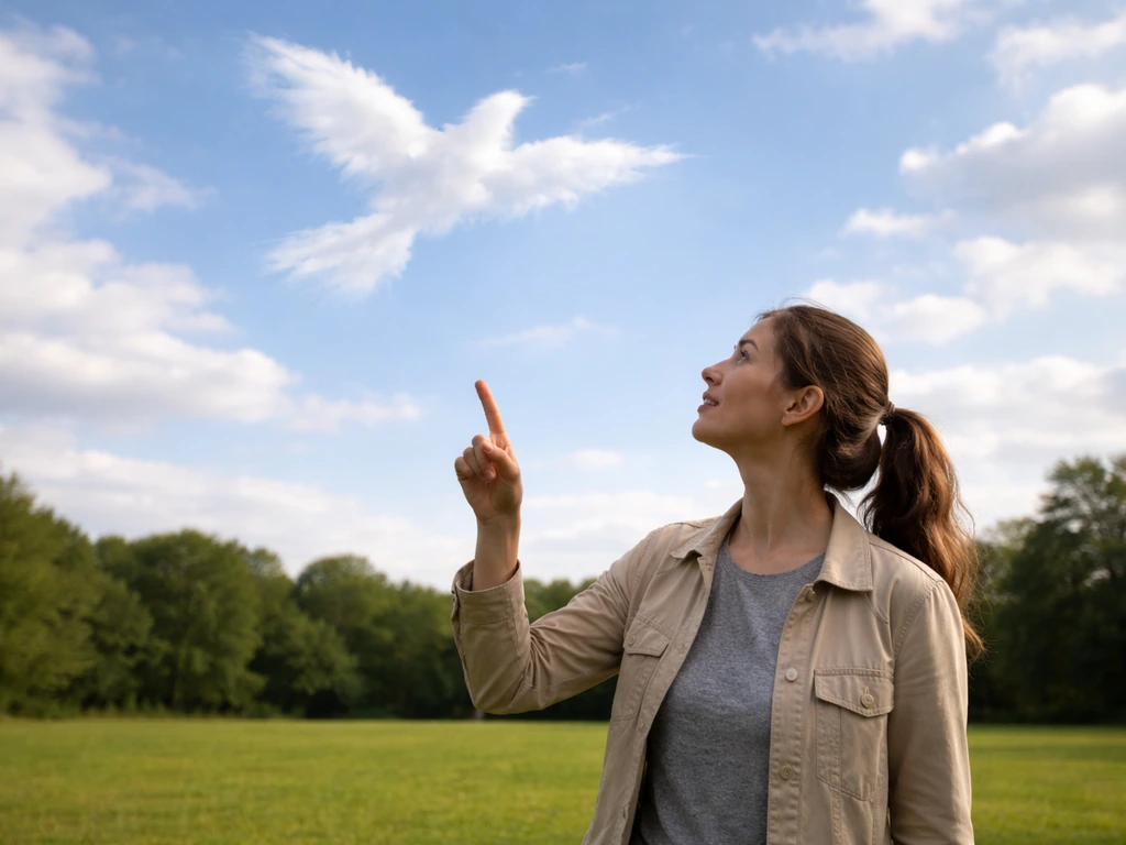 Adult in a park points to a bird-shaped cloud in the sky, looking up in wonder.