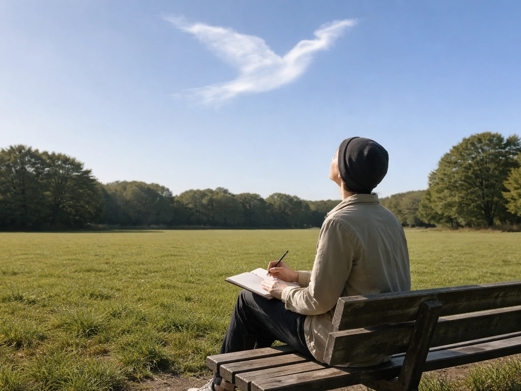 Person in a quiet park taking notes in a notebook while looking up at a bird-shaped cloud