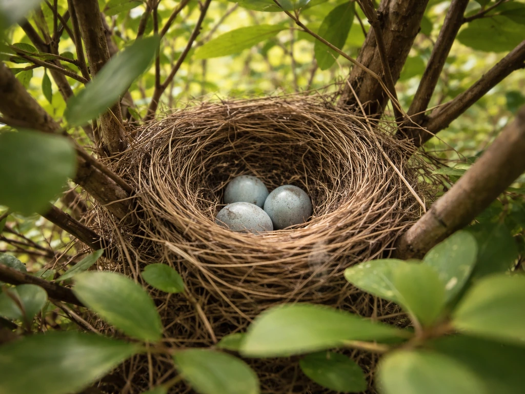 Close view of a backyard bird nest in a shrub with eggs visible among surrounding green branches.