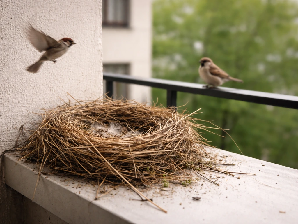 Close view of a bird nest on a quiet balcony ledge with a few birds briefly flying nearby