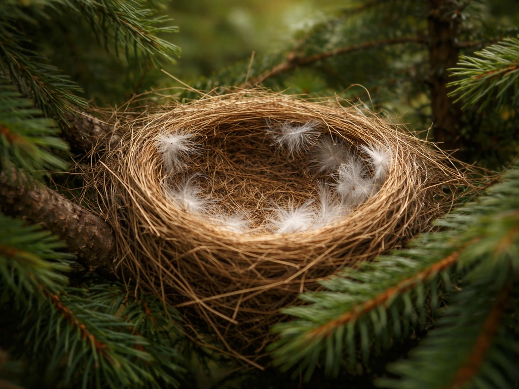 An undisturbed bird nest in a branch, appearing inactive with no birds nearby.