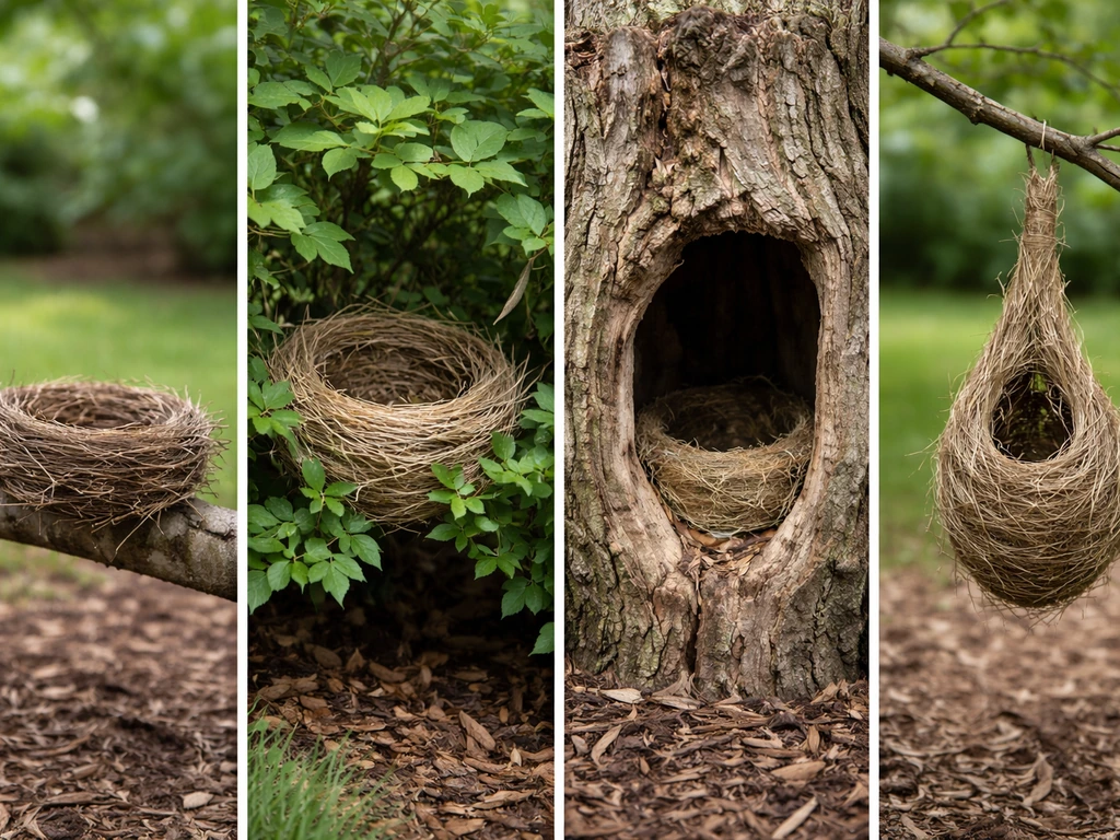 Four small backyard bird nests in separate natural spots: platform, cup, cavity, and hanging.
