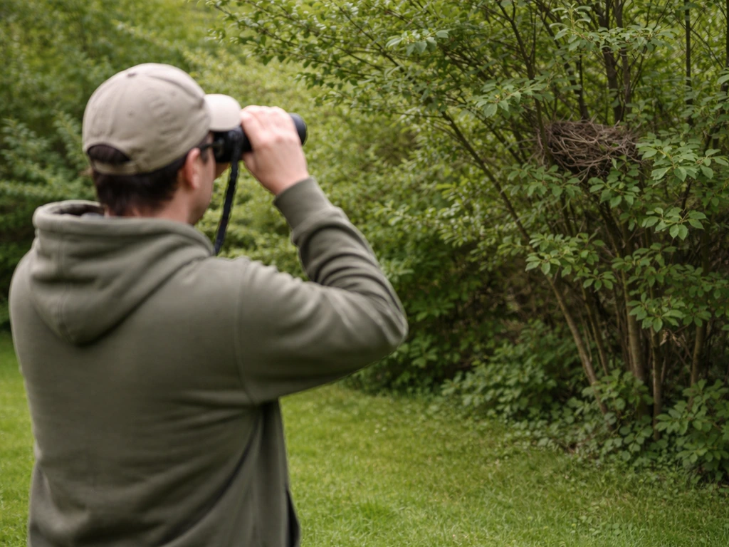 Person using binoculars from a backyard near a shrub, observing a distant bird nest without approaching