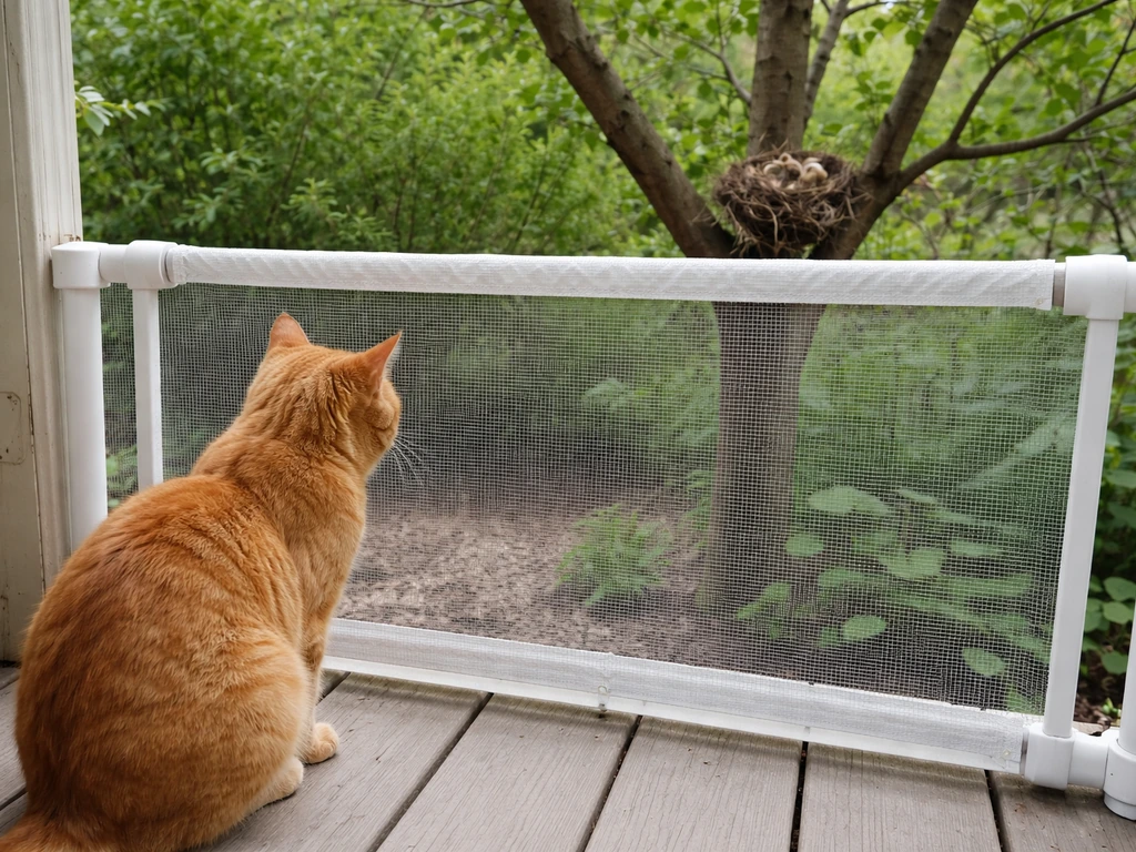 Orange tabby cat behind a barrier with a bird nest visible nearby in the tree branches.