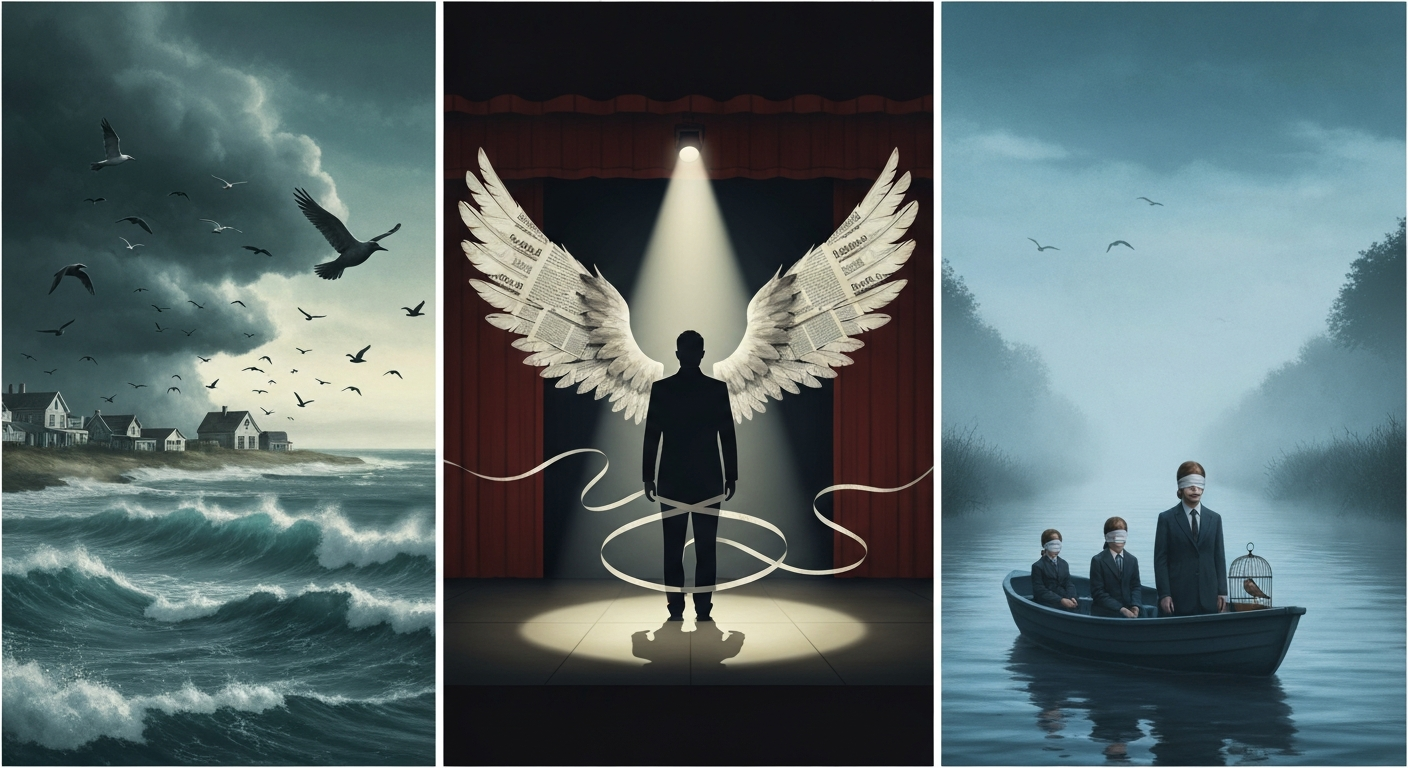 Triptych-style illustration combining a flock-swathed coastal town, a theatrical stage figure with wings and camera ribbon, and a blindfolded woman in a boat with a caged bird.