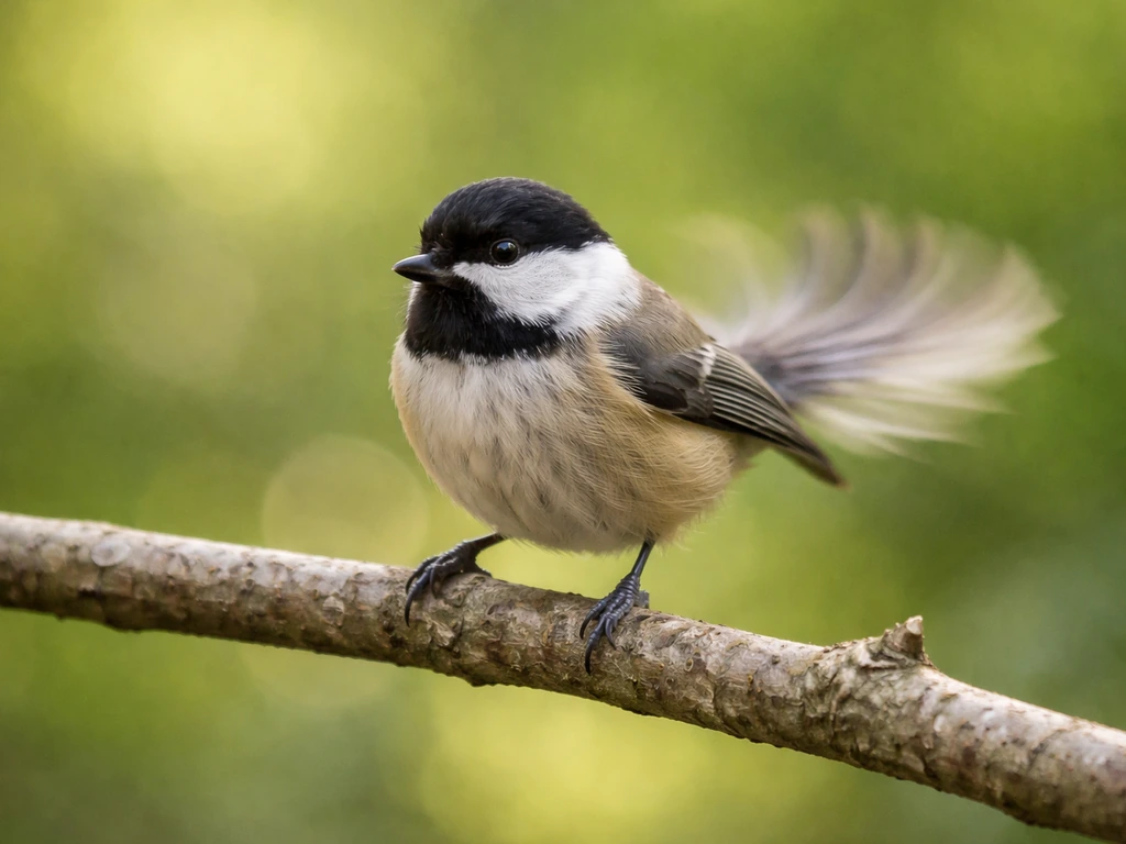 A small bird perched on a branch mid tail-shake, tail feathers blurred for motion.