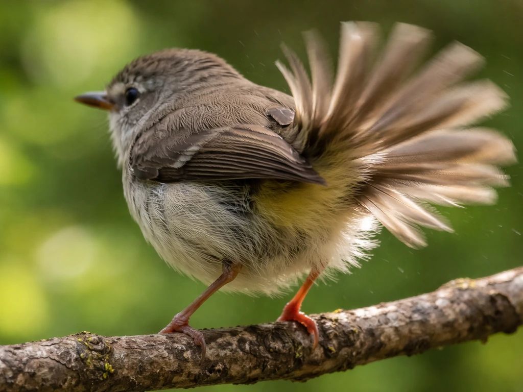 Close-up of a small bird shaking its tail feathers while perched on a branch.