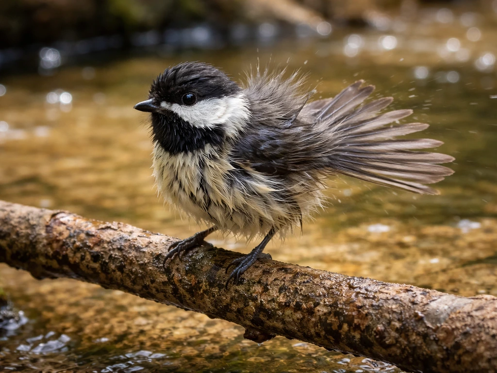 Small bird on a branch by a stream, tail shaking and feathers fluffed as it dries after bathing.