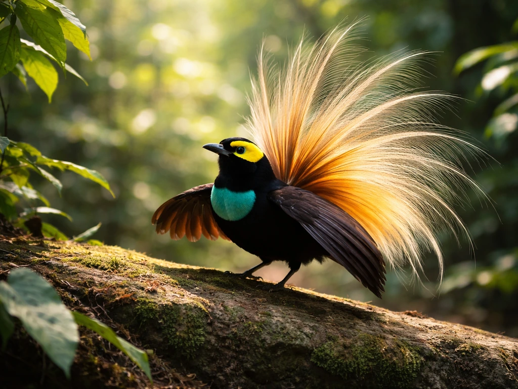 Male bird of paradise with fanned tail feathers in a courtship display posture