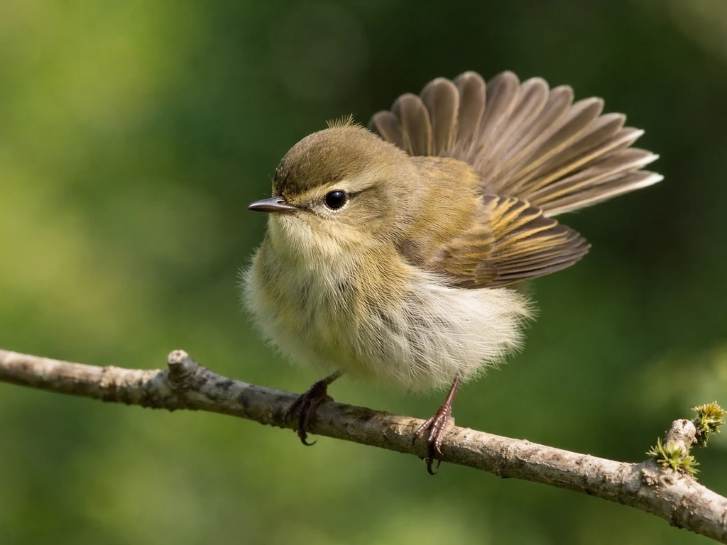Small bird with tense posture and tail-fanning behavior, feathers held tight in a quiet natural setting.