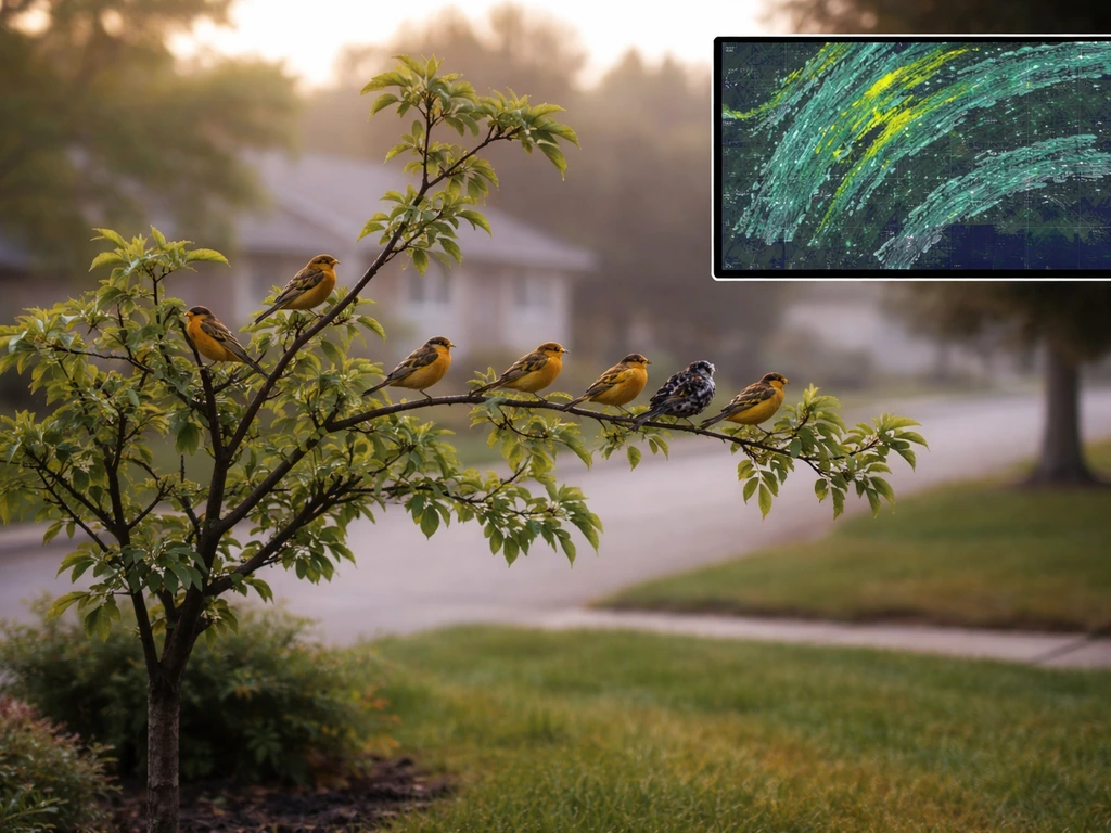 Warblers suddenly appearing in a suburban tree at dawn with a subtle radar-style screen inset.