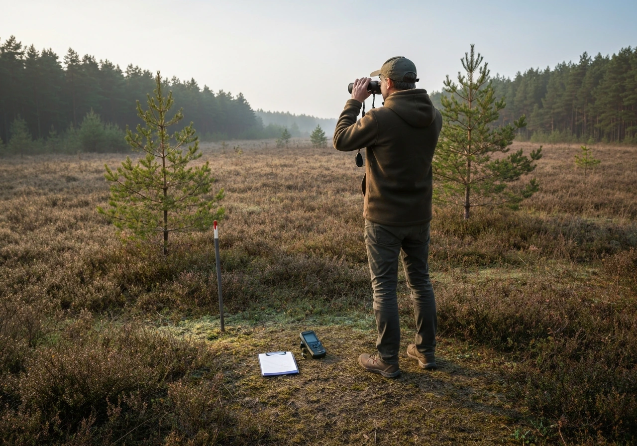 Anonymous observer in a forest at a fixed point using binoculars and a GPS for bird census counts.