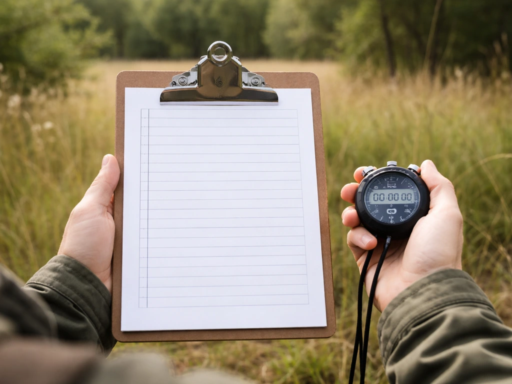 Person holding a clipboard and stopwatch outdoors, suggesting systematic, timed bird counting.