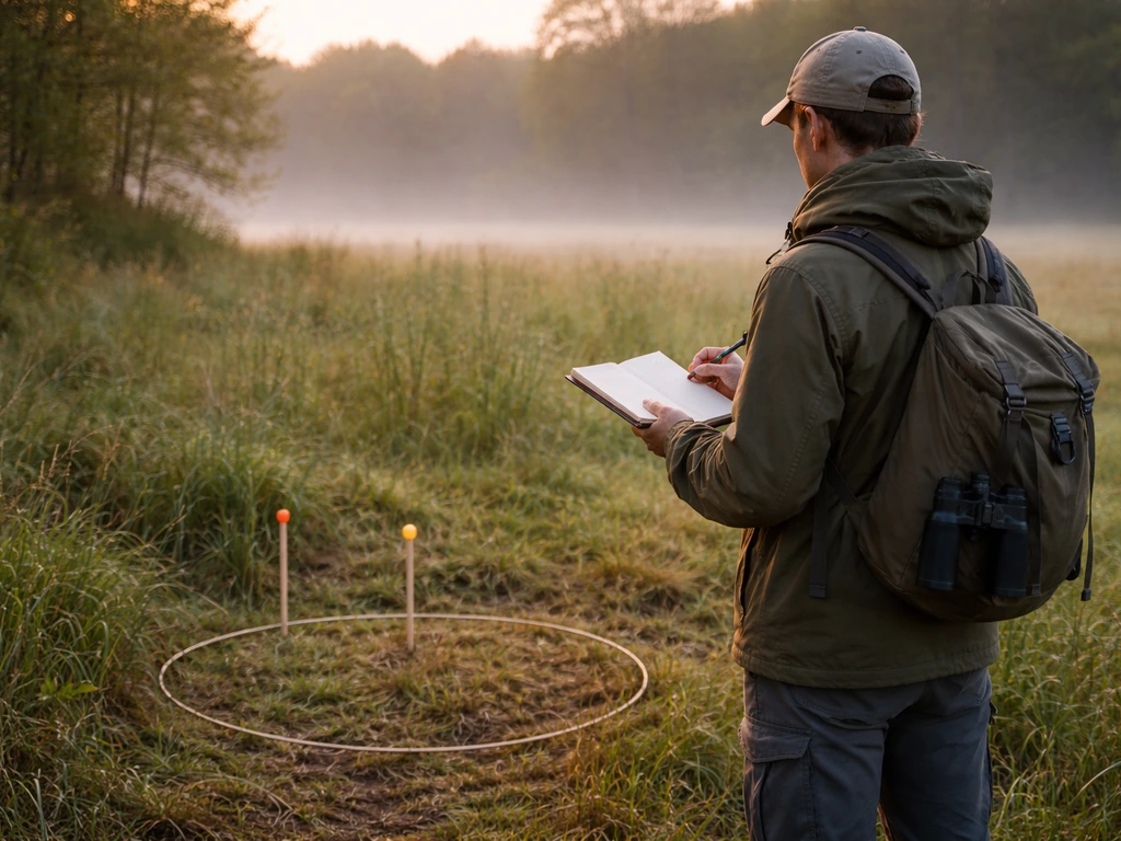 Observer prepares a fixed bird point count with stakes, range markers, and an open field notebook in grassland.