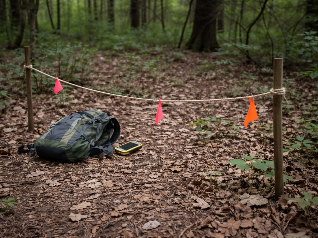 Rope-and-stake boundary in a woodland with survey gear inside, suggesting an area search coverage patch.