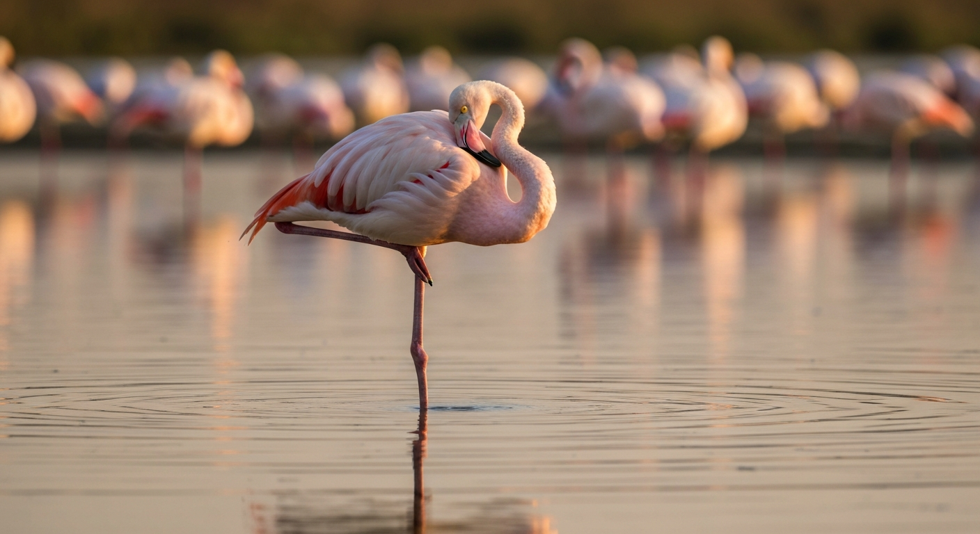 Flamingo standing on one leg with bill tucked under feathers, reflected in calm water.