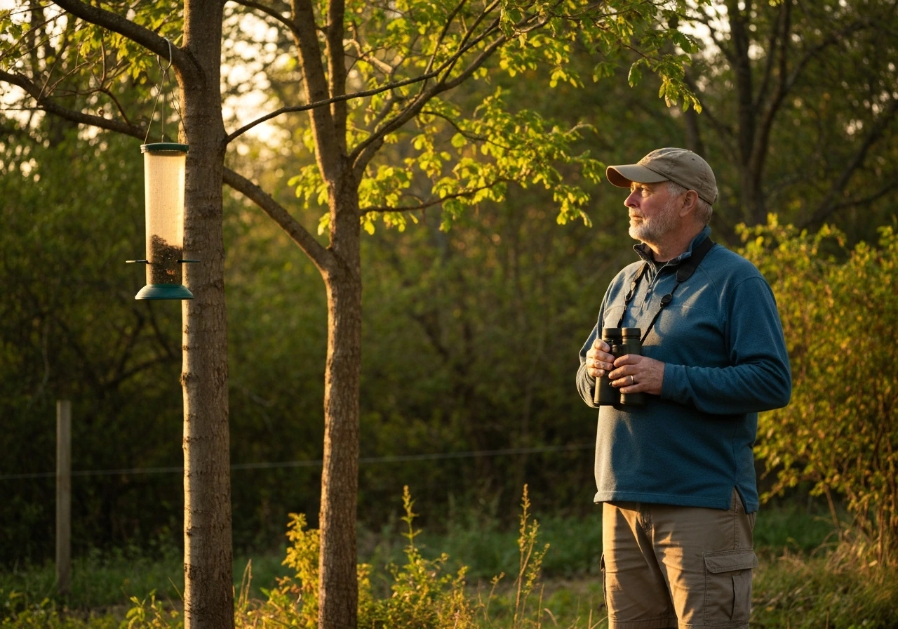A quiet birdwatcher with binoculars beside a woodland feeder at golden hour, natural and vivid.