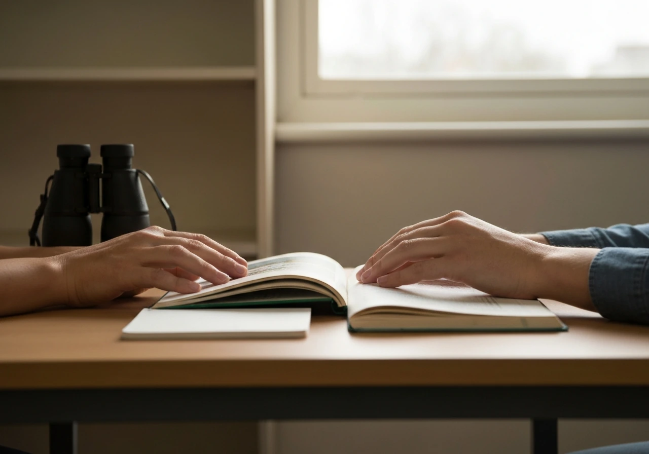 Hands arranging a bird field guide and notebook beside binoculars on a simple desk