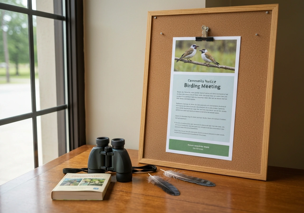 Minimal community notice board with a clipped flyer and birding gear, suggesting a local bird club meeting.