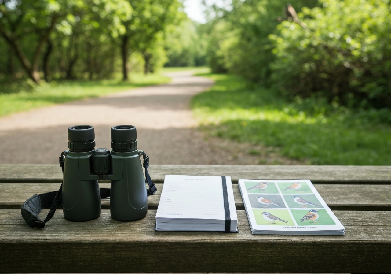 Binoculars and a blank checklist beside a bird guide on a bench in a quiet park trail.
