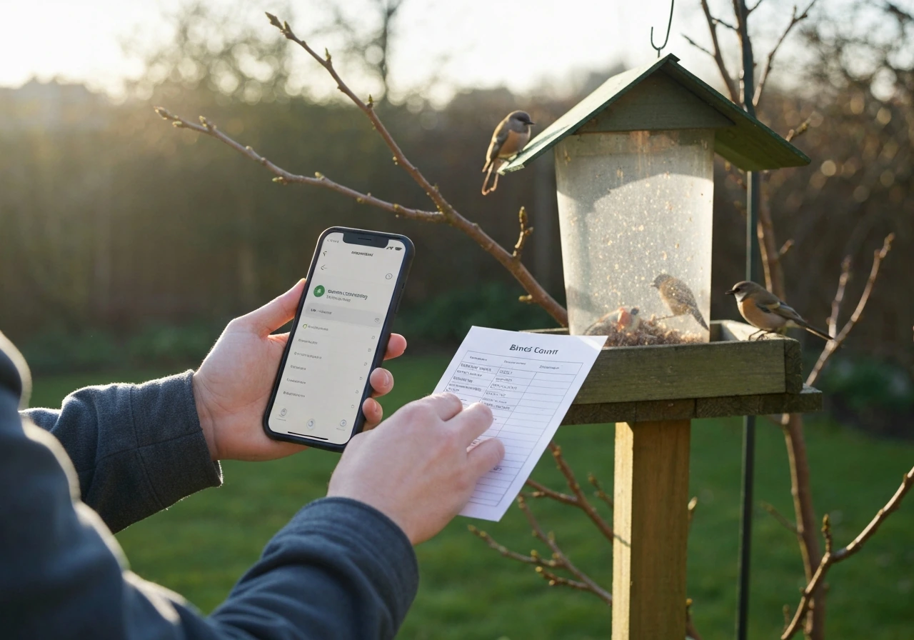 Hands using a phone bird-count app while checking a printed feeder count at a backyard feeder.