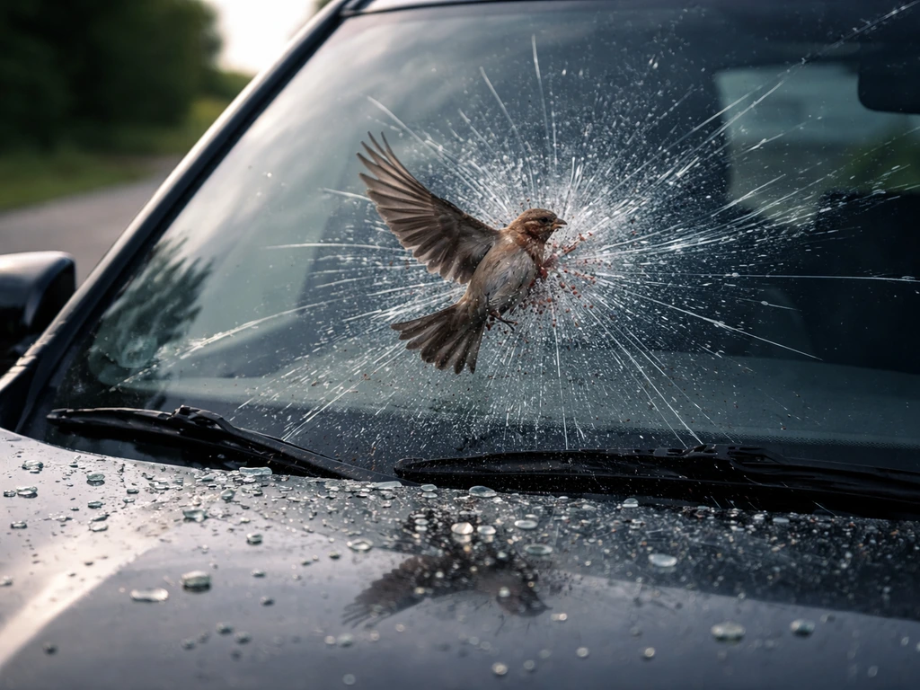 A small bird strikes a car windshield at dusk, shattered glass and debris on the hood