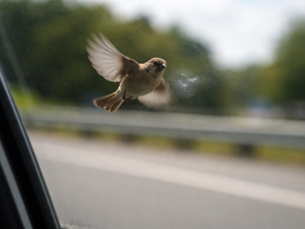 A small bird flies near a car window with a faint impact mark on the glass.