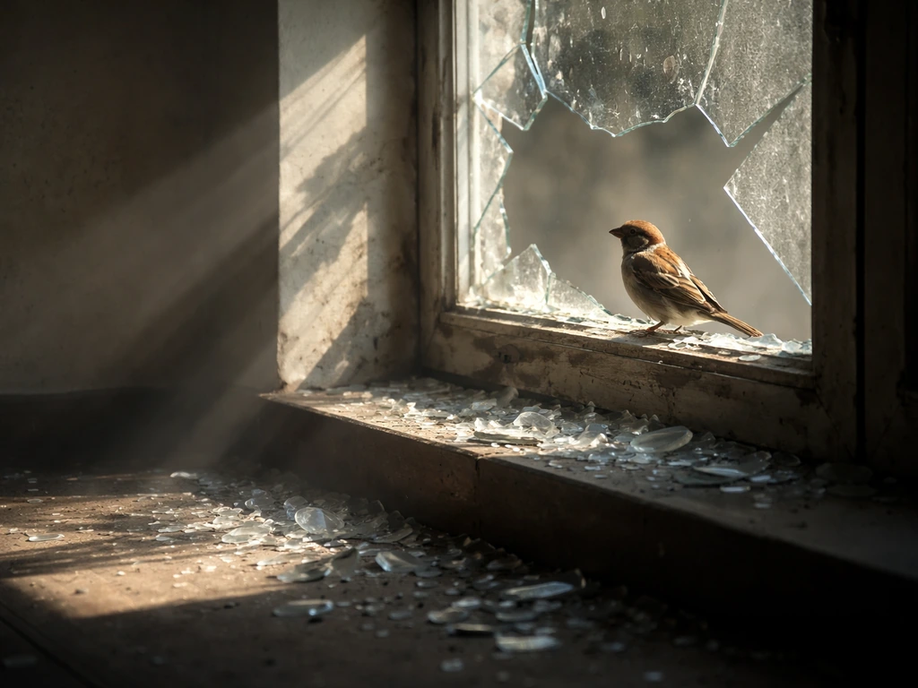 A small bird perched beside a shattered window, with moody light and shadow suggesting an omen.