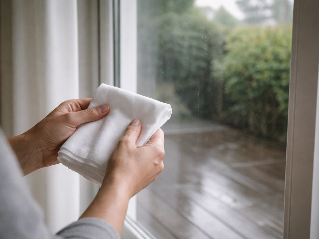 Anonymous hands holding a clean cloth near a window after a bird collision, standing back for safety.