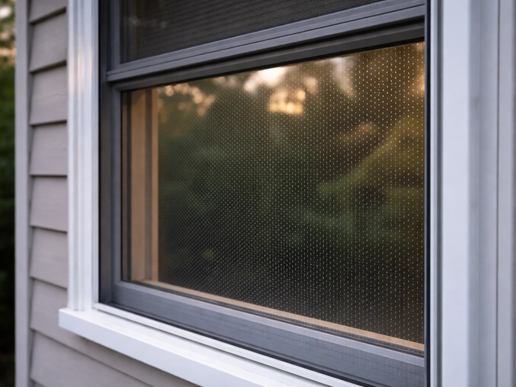 Bird-friendly patterned window film on a home window to reduce reflections and collisions.