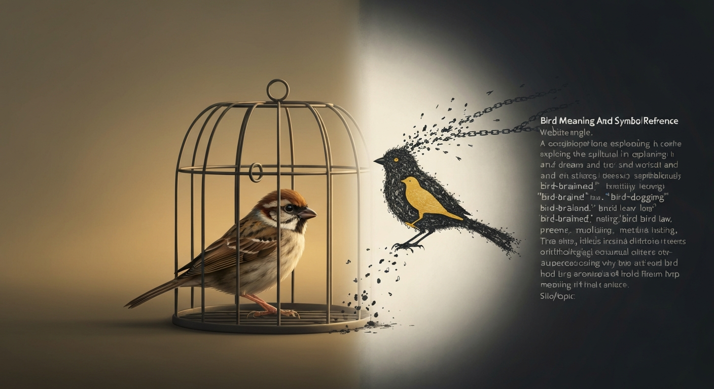 Split illustration: a realistic small bird in a cage merging into a symbolic bird of flowing musical notes breaking fading chains.