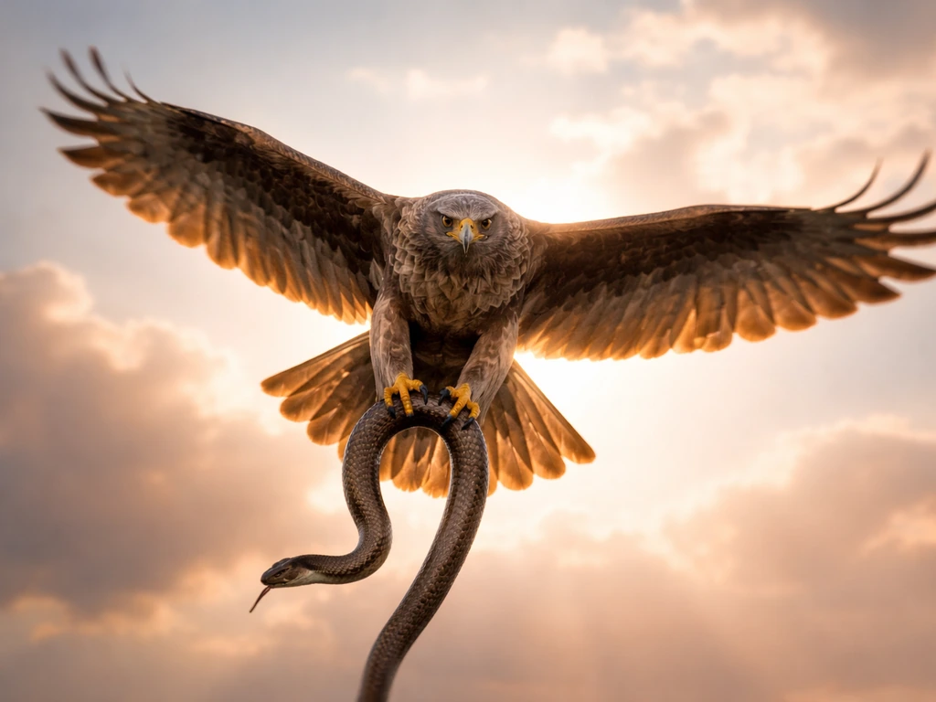 A hawk carries a snake in its talons against a dramatic, backlit sky.