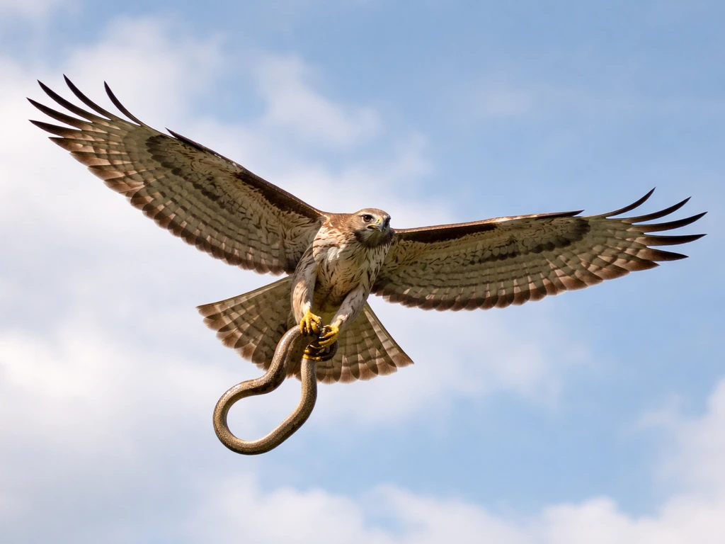 Overhead view of a hawk or eagle flying with a snake caught in its talons