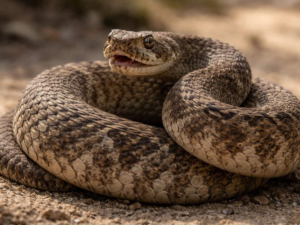 Close-up of a coiled, alert snake with its head raised in a defensive posture.