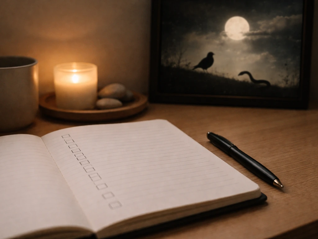 Minimal desk with a blank journal checkbox page next to a moonlit bird-and-snake night silhouette.