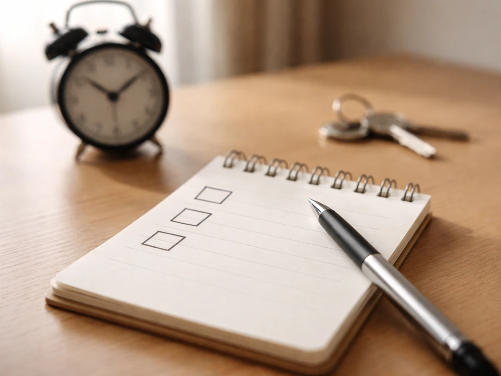Minimal desk scene with a notebook and pen, blank checkboxes, and a nearby alarm clock