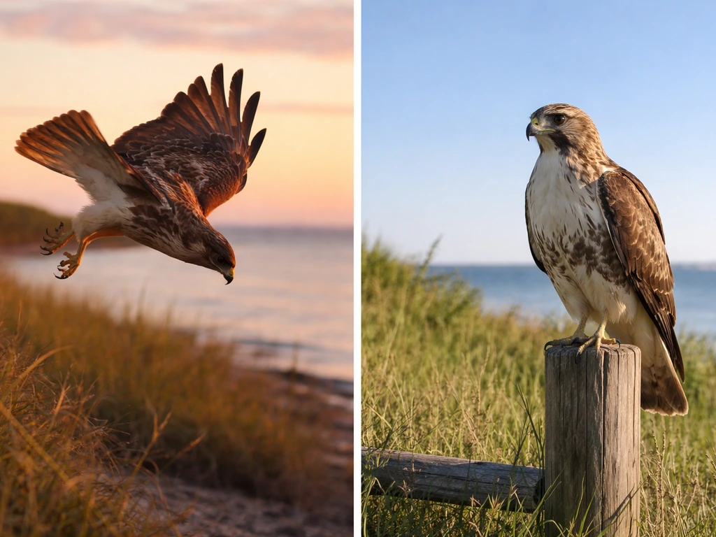 Split-scene photo of a raptor hunting in golden-hour light and resting at midday