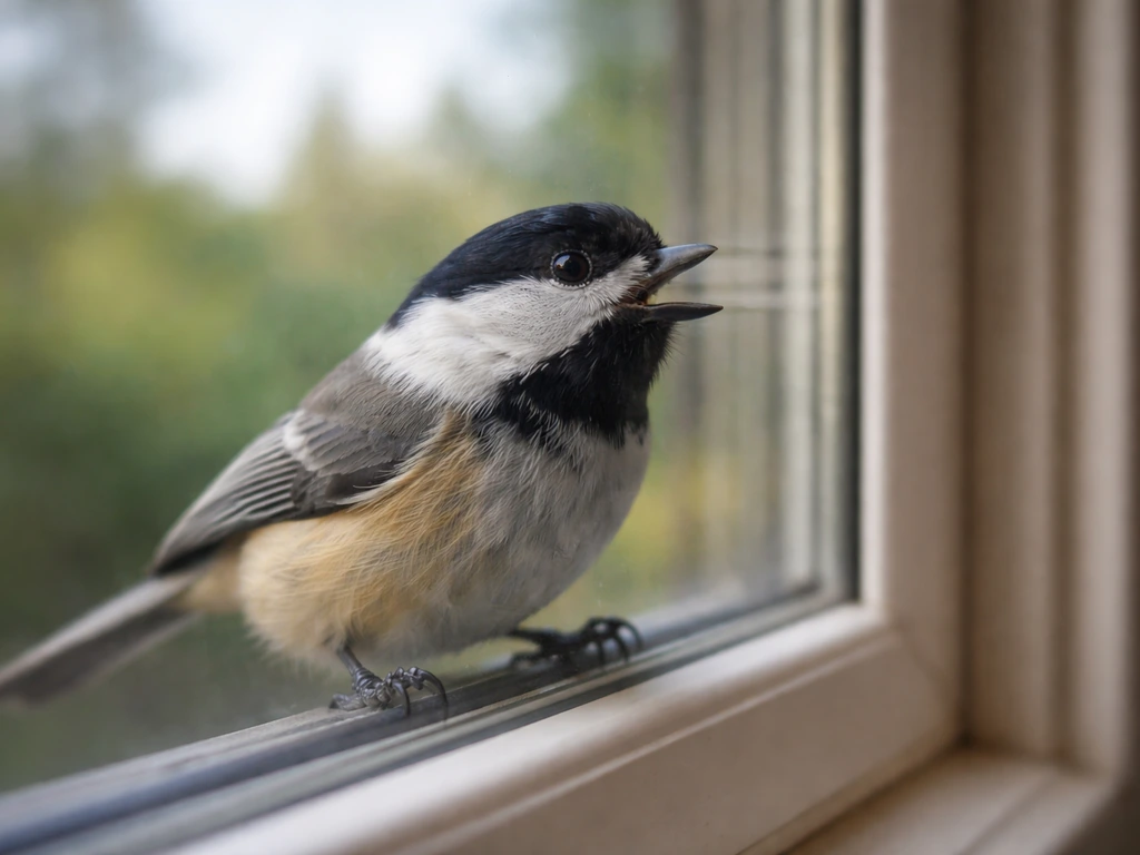 A small bird repeatedly pecks at a window with glass reflections in a calm, safe scene