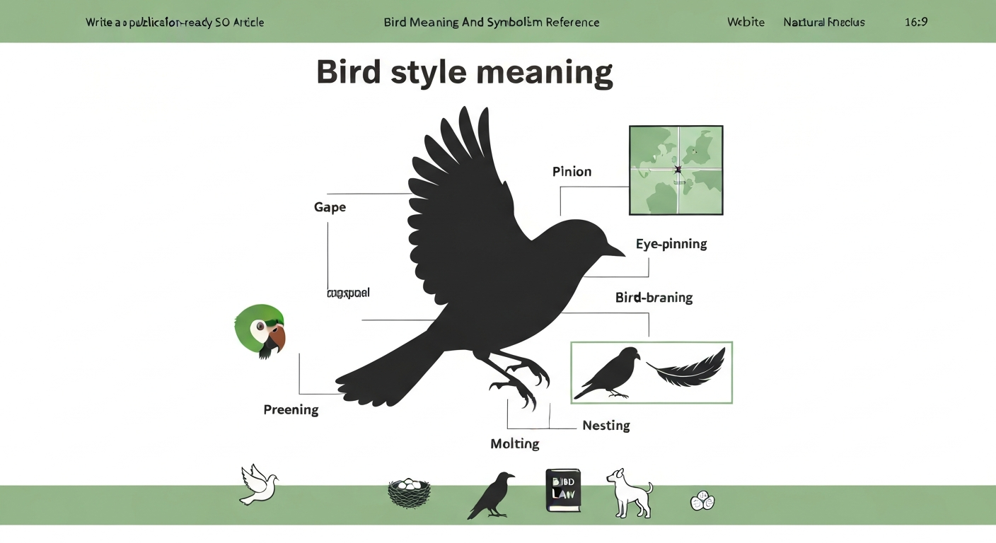 Infographic-style hero image combining a bird in flight with labeled anatomy callouts (gape, pinion, preening, molting, nesting), insets for bird's-eye and side views, and small icons for common idioms and symbolism.